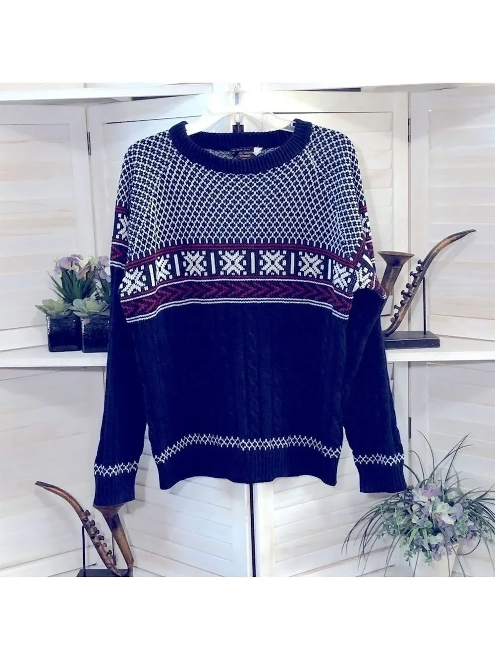JC Penney vintage 90s sweater argyle snow flake wool ski lodge winter holiday L